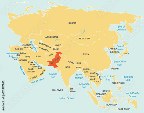 Highlighted red map of PAKISTAN inside orange detailed tagged map of Asia using orthographic projection on blue background