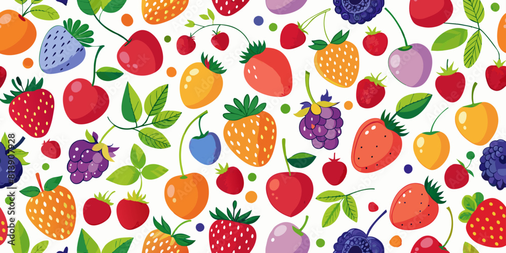 Seamless pattern of various fruits including strawberries, cherries, and blueberries. Flat illustration on a white background. Healthy eating and fruit concept. Design for textile, wallpaper, print. Seamless pattern of various fruits including strawberries, cherries, and blueberries. Flat illustration on a white background. Healthy eating and fruit concept. Design for textile, wallpaper, print.