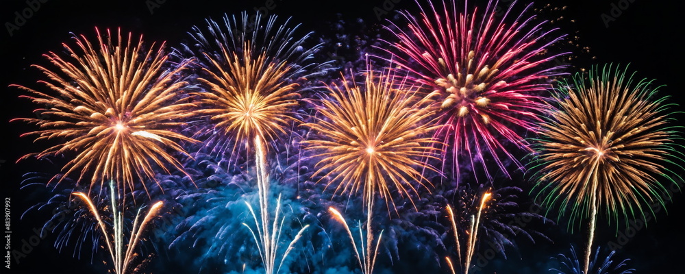 Naklejka premium Vibrant Fireworks Display Lighting Up Night Sky During Festive Celebration
