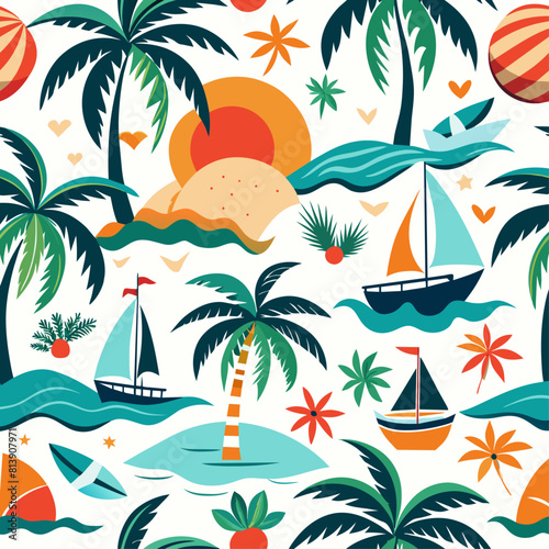 "Seamless pattern of a tropical beach scene with palm trees, umbrellas, and boats. Flat illustration on a beige background. Summer vacation and travel concept. Design for textile, wallpaper, print.