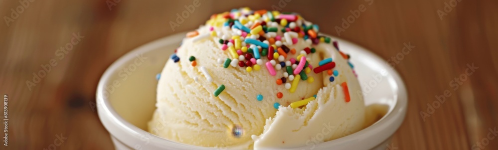Ice cream with a scoop of ice cream and sprinkles. Food background. Banner Ice cream with a scoop of ice cream and sprinkles. Food background. Banner