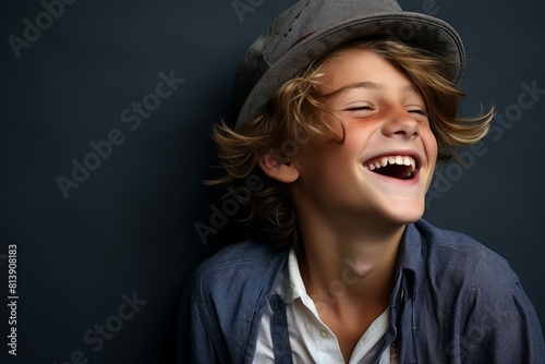 Young boy in casual clothing enjoying genuine and mirthful laughter in a joyful and carefree moment, exuding positive and playful energy while smiling and laughing alone against a dark background photo