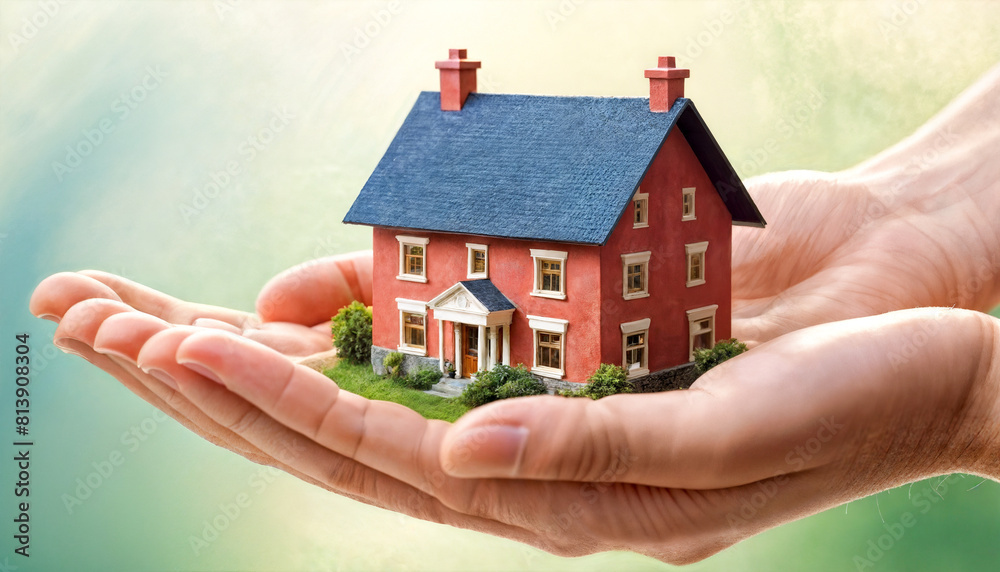 A small mock-up of the house stands on a man's arm against the background of a warm sunset. A symbol of a strong relationship. A small mock-up of the house stands on a man's arm against the background of a warm sunset. A symbol of a strong relationship.