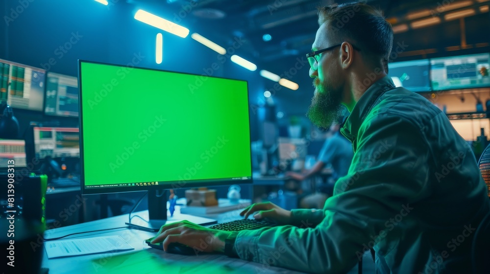 An industrial engineer works on a computer inside a heavy industry factory with a mock-up screen in green. An industrial engineer works on a computer inside a heavy industry factory with a mock-up screen in green.