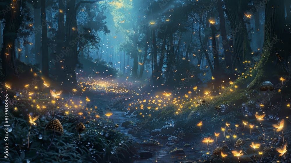 Fireflies dance amidst glowing mushrooms background
