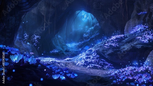 Bioluminescent flora in mystical cavern background