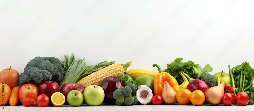A variety of fresh fruits and vegetables arranged neatly on a white background providing ample copy space for any desired image A variety of fresh fruits and vegetables arranged neatly on a white background providing ample copy space for any desired image
