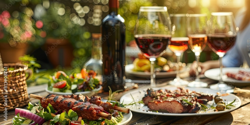Backyard dinner table filled with food for a family celebration with wine and grilled meats Backyard dinner table filled with food for a family celebration with wine and grilled meats