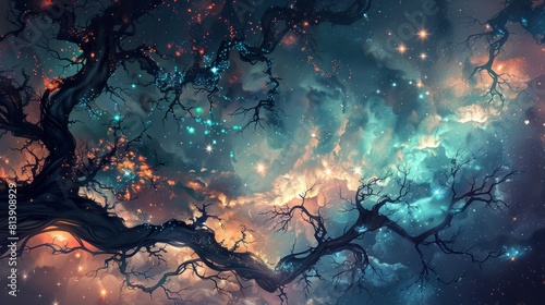 Astral vines reaching for stars delicate tendrils intertwine with celestial bodies background