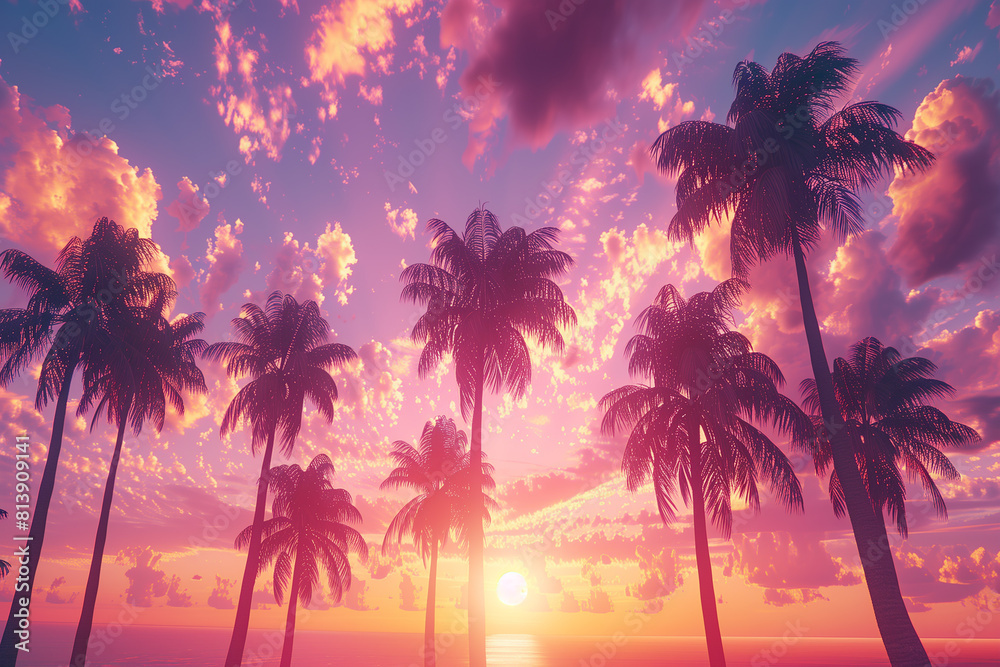 Palm trees during pink sky sunset, bottom view Palm trees during pink sky sunset, bottom view