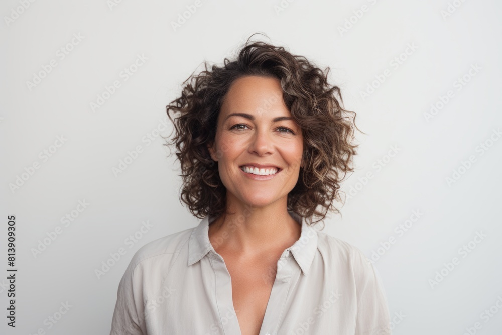 Portrait of a happy woman in her 40s smiling at the camera on white background Portrait of a happy woman in her 40s smiling at the camera on white background