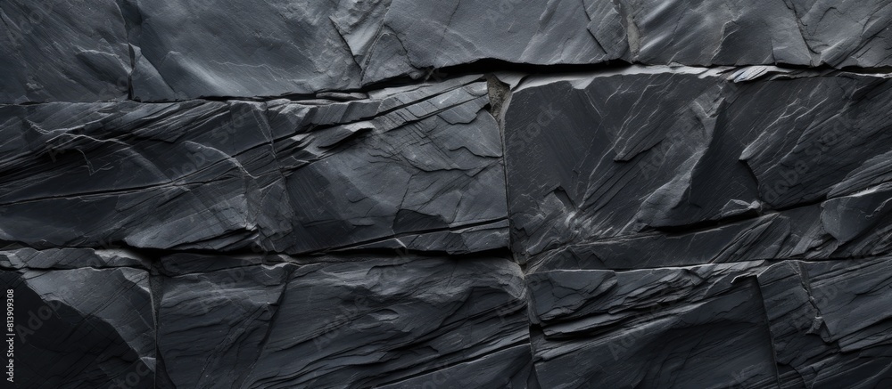 A top down view of a black slate stone texture creates a surface background with ample copy space for images