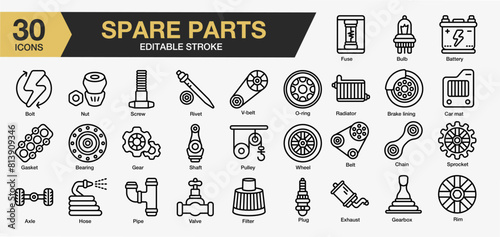 Set of 30 Spare parts icon set. Editable Stroke Icon Collection. Includes engine, battery, gear, nut, radiator and More. Outline icons vector collection.