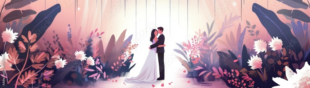 Capture a luxurious pre-wedding scene with a glamorous couple embracing at eye-level, surrounded by soft, ethereal lighting and lush floral arrangements Capture a luxurious pre-wedding scene with a glamorous couple embracing at eye-level, surrounded by soft, ethereal lighting and lush floral arrangements