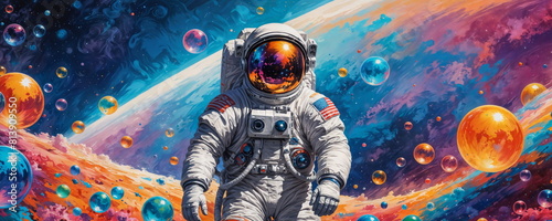 An astronaut with a camera floats amidst a vibrant backdrop of multicolored celestial spheres and nebula clouds.