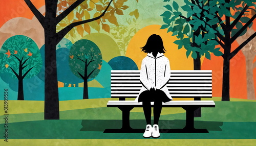 A woman with a stylish dress sits alone, contemplatively on a wooden bench, set against a vibrant backdrop of whimsical, colorful trees.Paper applique
