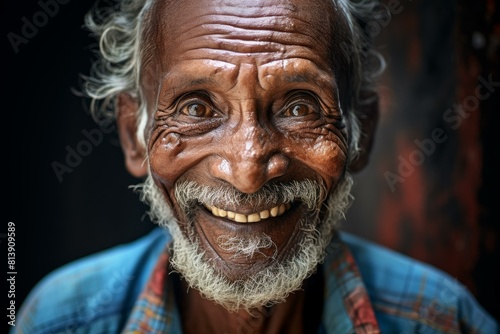 Close-up of a cheerful senior man with deep wrinkles and a radiant smile