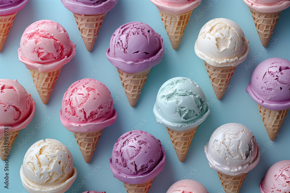 Mosaic of some ice creams, pattern, top view, blue background, 3d render Mosaic of some ice creams, pattern, top view, blue background, 3d render