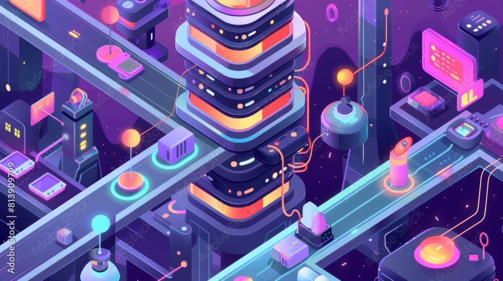 Isometric concept modern illustration of modern web spy technology using browsers. Server tower, conveyor belt with cookies and user devices, mobile phone, tablet, laptop.
