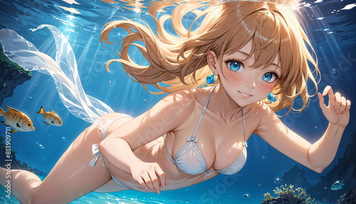 A smiling young woman is depicted swimming underwater near colorful corals, her hair and the sunbeams creating a vivid scene.Anime style