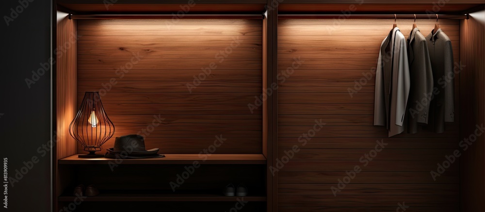 A small closet with shelves made of metal and wood devoid of any clothes copy space image A small closet with shelves made of metal and wood devoid of any clothes copy space image