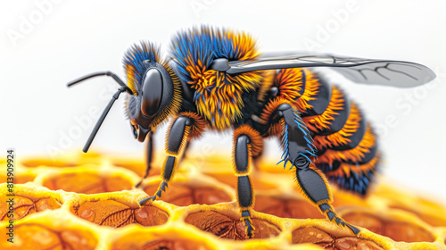 A colorful bee is standing on a honeycomb