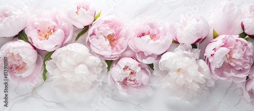 Fototapeta Naklejka Na Ścianę i Meble -  Floral peonies elegantly arranged on a pristine white marble surface captured from a top down perspective Room available for textual additions within the frame. Copy space image