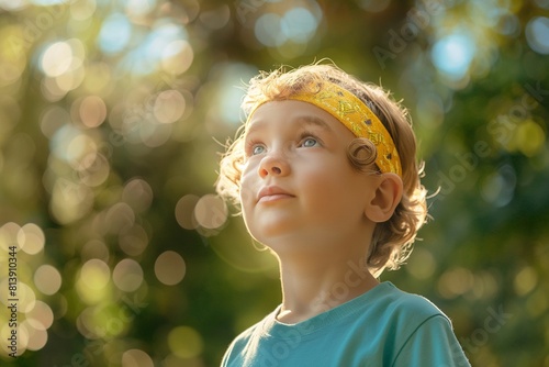 A boy with a yellow hairband stood looking ahead at the sunlight shining against the trees behind him. photo