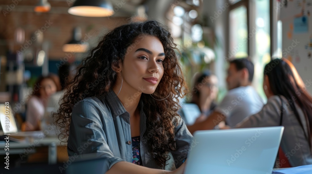 The scene shows a busy international office with a beautiful Hispanic woman working from her desk on a laptop, while her coworkers converse about work in the background. It is a stylish office with