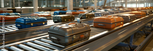  Travel luggage moves along a conveyor belt at an airport terminal Suitcases bags and backpacks on a transport belt at the airport 