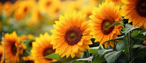 Closeup of sunflowers blooming in a garden captured from a side view perspective with a copy space image