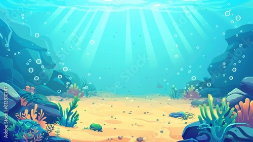 Background of an ocean or sea with empty sand and seaweed growing along rocks. Air bubbles floating at sun beams falling from above. Marine scene undersea life cartoon illustration.