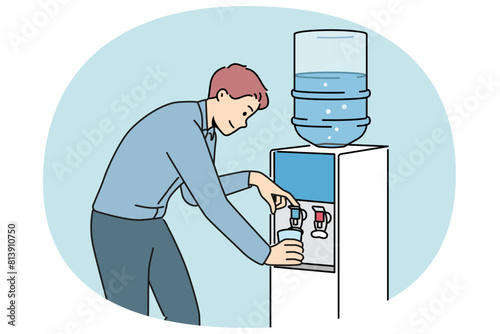 Smiling man get water in cooler in office. Male pour clean still aqua from dispenser at workplace. Vector illustration.