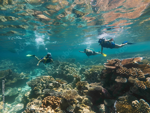Vibrant coral reefs teeming with life as snorkelers in raw and rugged exploratory style.