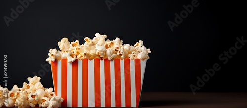 The photo showcases a box of popcorn in close up with a gray background It conveys a sense of food party and provides ample space for text or graphics