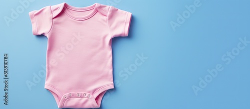 Top view composition of a baby bodysuit on a blue and pink background representing the concept of motherhood and the anticipation of guessing the unborn baby s gender There is copy space available fo photo