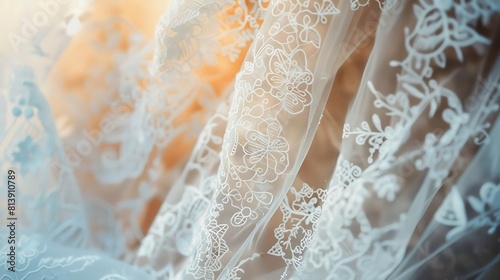 Capture the intricate lace of the bridal gown in a close-up shot, revealing delicate details that highlight the craftsmanship and elegance, perfect for pre-wedding invites photo