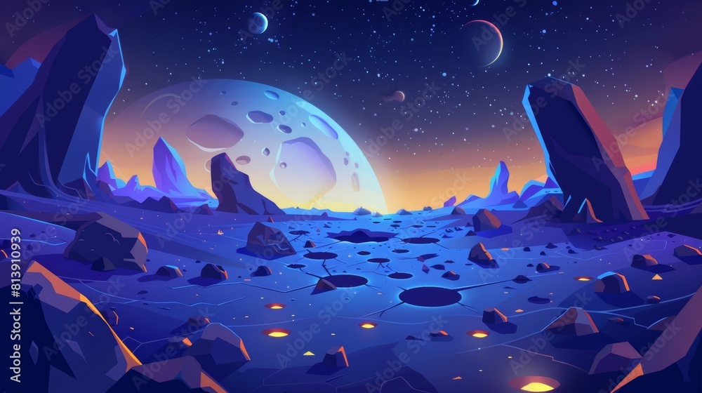 ภาพประกอบสต็อก A space background with an alien planet's landscape with ...