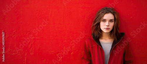 A teenage girl confidently poses against a vibrant red wall creating a visually appealing copy space image © Ilgun