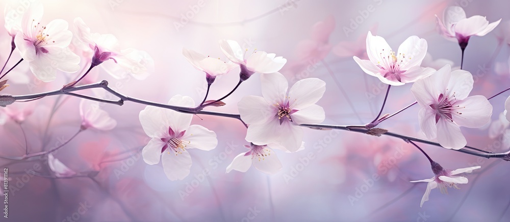 A stunning copy space image captures the ethereal beauty of blooming flowers with a soft shiny texture in shades of white pink and purple A stunning copy space image captures the ethereal beauty of blooming flowers with a soft shiny texture in shades of white pink and purple