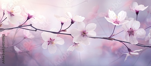 A stunning copy space image captures the ethereal beauty of blooming flowers with a soft shiny texture in shades of white pink and purple