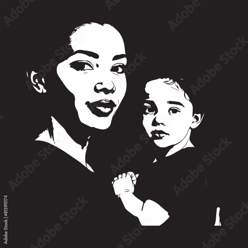 Vector mom with her female child in continuous line art drawing style mother and daughter