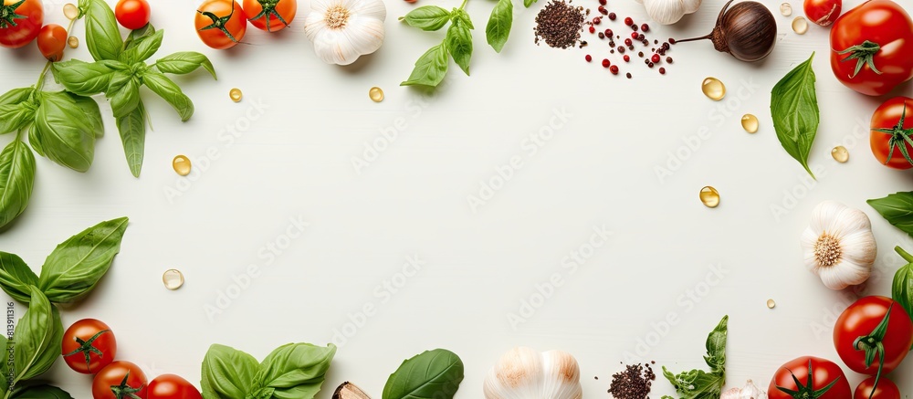 Top view of a clean paper background with a food cooking border consisting of fresh green basil cherry tomatoes and garlic cloves The ingredients are ready for preparing a meal with ample copy space Top view of a clean paper background with a food cooking border consisting of fresh green basil cherry tomatoes and garlic cloves The ingredients are ready for preparing a meal with ample copy space