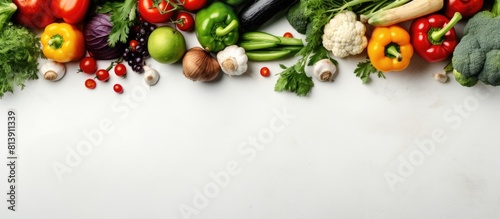 A top down view of fresh farm vegetables arranged beside a white canvas bag representing the zero waste and plastic free concept with ample copy space for an image