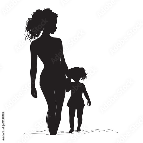Vector mom with her female child in continuous line art drawing style mother and daughter