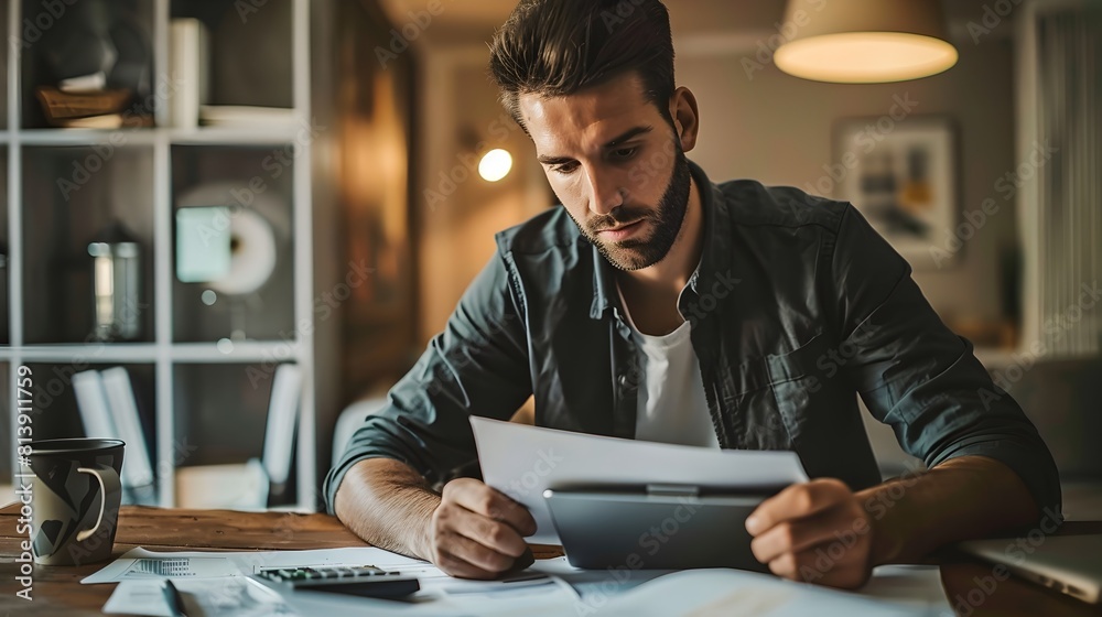 Businessman Evaluating Costs and Calculations in Office Businessman Evaluating Costs and Calculations in Office