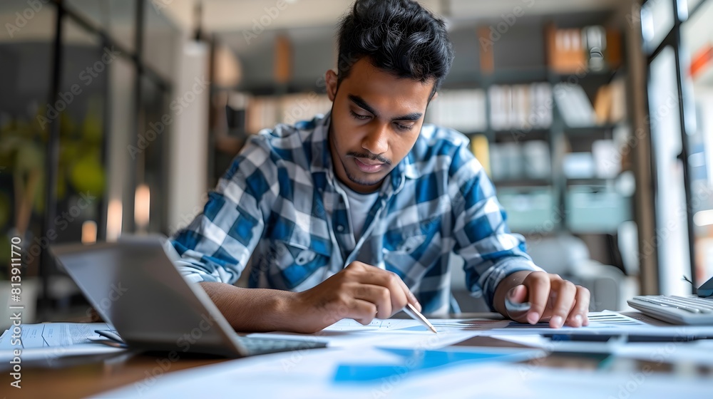 Businessman Evaluating Financial Data in Office Businessman Evaluating Financial Data in Office