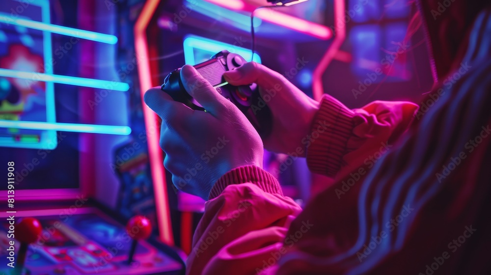 Playing online video game, close-up of Gamer's hands. Stylish Neon Colors Red, Pink, Violet, Green. Playing online video game, close-up of Gamer's hands. Stylish Neon Colors Red, Pink, Violet, Green.
