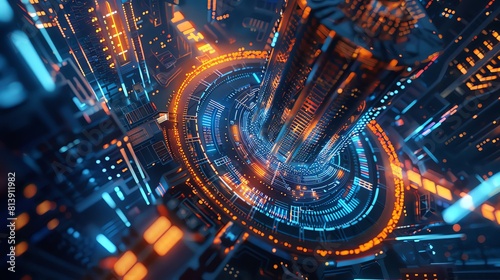 Digital bank building in the center of an abstract cityscape, illuminated with blue and orange lights, surrounded by glowing data streams. The scene is captured from above, creating a dynamic perspect photo