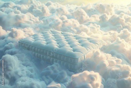 A mattress floating in a sky filled with fluffy clouds. Perfect for dreamy and surreal concepts photo